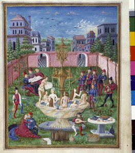 Wpływ Merkurego: Ogród Miłości i Fontanna Młodości. Miniatura wykonana przez Cristoforo de Predis (v. 1440-v. 1486) - w „” De Sphaera””” d