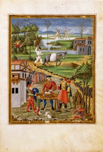 Wpływ Księżyca: scena rybołówstwa, łowiectwa i rolnictwa (miniatura, ok.1470) autorstwa Cristoforo De Predis