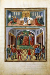 Wpływ słońca: władza doczesna (król przed swymi dworzanami) i duchowa (służba kapłana w kościele). (miniaturowy, ok.1470) autorstwa Cristoforo De Predis