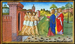 Jezus i trędowaci. Miniatura Cristoforo autorstwa Predis - w Historii nowego testamentu autorstwa Cristoforo De Predis