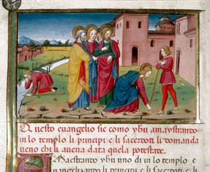 Jezus przywraca wzrok niewidomemu z urodzenia Miniatura autorstwa Cristoforo De Predis (1440-1486) po Historii Nowego Testamentu (fot. 7) autorstwa Cristoforo De Predis