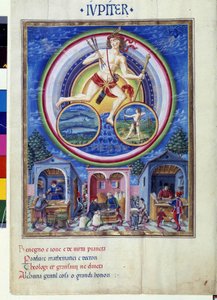 Jowisz ze znakami zodiaku ryb i Strzelca. Na dole kupcy sprzedający różne przedmioty. Miniatura wykonana przez Cristoforo de Predis (v. 1440-v. 1486) - w „” De Sphaera””” d