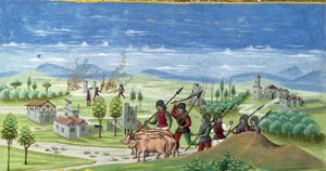 Grabież w czasie wojny. detal "Wpływu Słońca": Wojna. Miniatura wykonana przez Cristoforo de Predis (v. 1440-v. 1486) - w "De Sphaera" d