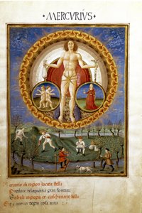 Merkury ze znakami zodiaku Dziewicy i Klejnotów. Chłopi pracujący w polu (miniatura, ok.1470)
