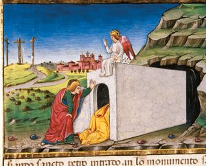 Apostołowie Piotr i Jan odkrywają grób pustego Chrystusa z Leggendario Sforza-Savoia autorstwa Cristoforo De Predis