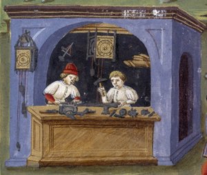 zegarmistrz w „Wpływie księżyca”: rzemieślnicy. Miniatura wykonana przez Cristoforo de Predis (v. 1440-v. 1486) - w „” De Sphaera””” d