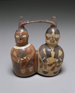 Naczynie z podwójną wylewką i uchwytem: dwie figury, środkowa Nazca, AD 100-150 (ceramika z poślizgiem)