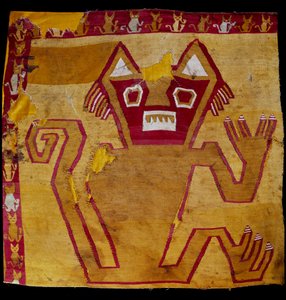 Sztuka przedkolumbijska, cywilizacja Nazca: fragment tkaniny z przedstawieniem zoomorficznym. 100 pne-800 ne. Goteborg, muzeum etnograficzne