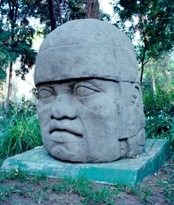 Cywilizacja przedkolumbijska: kolosalna głowa Olmeków. X-VII w. p.n.e. Meksyk. Park Musee de La Vente