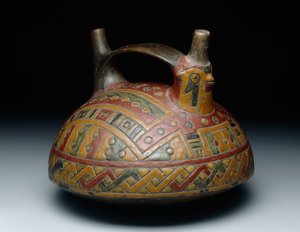 Naczynie z dwoma dziobkami i uchwytem z paskiem przedstawiające sokoła, Early Horizon, Epoka 8, ok. 500-400 p.n.e. (farba ceramiczna i na bazie żywicy) autorstwa Culture Paracas
