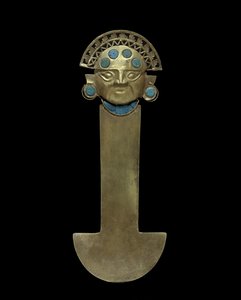 Nóż Tumi, 800-1375 AD (młotkowany, ścigany i filigranowy złoty z turkusową wkładką)