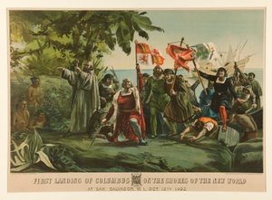 Pierwsze lądowanie Kolumba na wybrzeżu Nowego Świata autorstwa Currier and Ives
