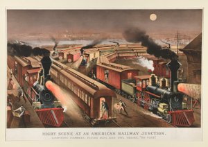 Scena nocna na amerykańskim węźle kolejowym autorstwa Currier and Ives
