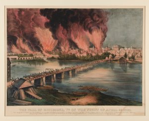 Upadek Richmond w stanie Wirginia w nocy 2 kwietnia 1865 r autorstwa Currier and Ives