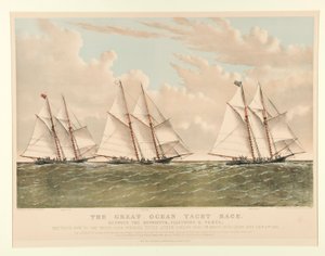 Wielki wyścig jachtów oceanicznych między Henriettą, Fleetwing i Vesta autorstwa Currier and Ives