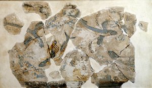 Sztuka cykladzka: fragment fresku przedstawiający latające ryby (jaskółki morskie). od strony Phylakopi (wyspa Melos) 2500 pne Dim. 23 cm Ateny, narodowe muzeum archeologiczne - sztuka cykladzka: fragmenty fresku przedstawiające latające ryby (rybwy), z si autorstwa Cycladic