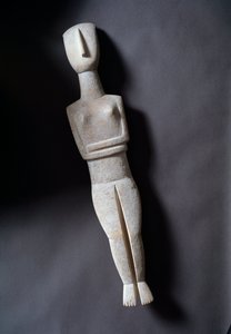 Idolka, schematyczna figurka, biały marmur z wkładkami w kolorze ochry, 3200-2000 p.n.e. autorstwa Cycladic Cycladic