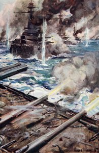 „Flota pancerników strzelających burtą”, ilustracja z „Opowiedziane w chatach: Księga podarunkowa YMCA”, wydanej w 1916 r. autorstwa Cyrus Cuneo