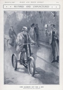 Angielski konserwatywny polityk i premier Lord Salisbury jadący na trójkołowym (litho)