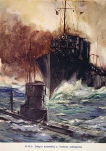 „HMS Badger taranuje niemiecką łódź podwodną”, ilustracja z „Told in the Huts: The YMCA Gift Book”, opublikowana w 1916 r.