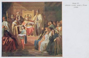 Założenie Uniwersytetu Niemieckiego w Pradze przez Karola IV w 1348, pocztówka z początku XX wieku autorstwa Czech School