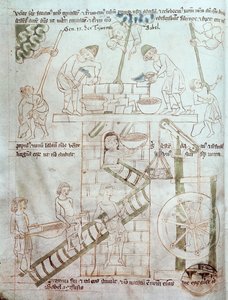 Ms 23 C 124 fol.3 Budowa wieży Babel, z Biblii Velislav, c.1340 autorstwa Czech School
