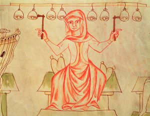 Mx XXIII C.124 Muzyk grający na dzwonach, z Biblii Velislav, c.1340 autorstwa Czech School