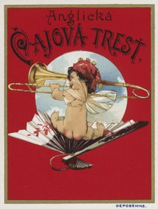 Etykieta produktu przedstawiająca cherubinka grającego na puzonie autorstwa Czech School