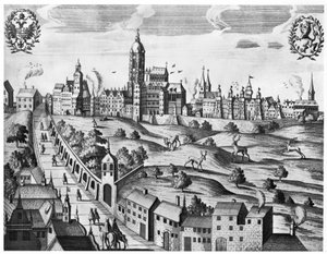 Widok Pragi ukazujący Pałac Cesarski i Kolegium Teologiczne, ok. 1618 r. autorstwa Czech School