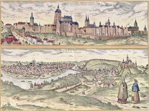 Widok Pragi ukazujący (na górze) Pałac Cesarski (Hradschin) oraz (na dole) Wełtawę oddzielającą starą i nowoczesną część miasta (rycina) autorstwa Czech School