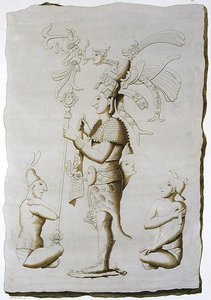 Król, rzeźba z pałacu, Palenque, Chiapas, Meksyk (rycina kolorowa) autorstwa D.K. (after) Bonatti