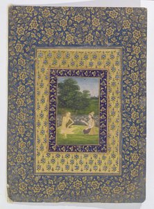 Layla Reading do Majnun, która siedzi pod drzewem przy basenie lotosu, Delhi, ok. 1720-40 autorstwa Dal Chand