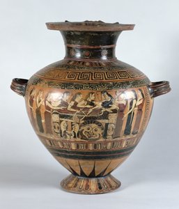 hydria czarnofigurowa przedstawiająca Nereidów opłakujących Achillesa, ok. 560-550 p.n.e. (ceramika)