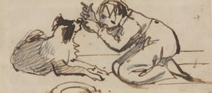 Dziecko bawiące się z psem (ołówek, długopis i brązowy tusz na papierze) autorstwa Daniel Maclise