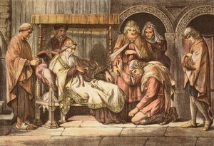 Harold, wracając z Normandii, przedstawia się Edwardowi Wyznawcy, grawerowane przez JD Coopera (kolorowa grawerunek) autorstwa Daniel Maclise