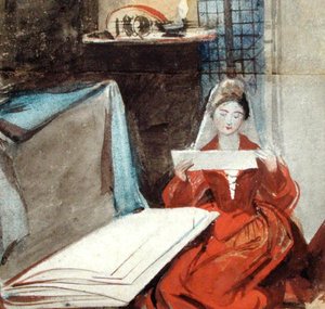 Dama w średniowiecznym stroju studiująca zawartość teki (akwarela na papierze) autorstwa Daniel Maclise