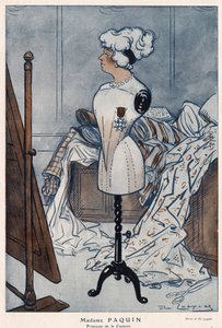 Madame Jeanne Paquin (1869-1936), francuska couturiere, reprezentowana przez zdobyty właśnie krzyż Legii Honorowej - ilustracja Daniela De Losques (Henri Casimir Paul Thouroude dit) (1880-1915) w „Fantasio” z 1913 r