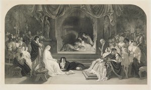 A Cena da Peça, Ato III, Cena II de Hamlet de William Shakespeare, gravada por Charles W. Sharpe (litho)polonês