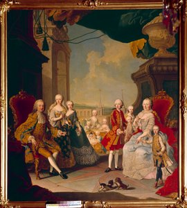 Franciszek I Świętego Cesarstwa (1708-1765) i jego żona imponująca Maria Teresa Iere (1717-1780) z jedenastoma dziećmi na tarasie zamku Schonbrunn (lub Schoenbrunn) Przyszła królowa Maria Antonina pozuje w centrum jeszcze dziecko. Farba autorstwa Daniel (and Studio) (after) Mytens