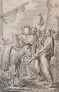 Postacie po prawej stronie przy statku, niektórzy trzymają zwierzęta nad głowami, koń po lewej, 1783 autorstwa Daniel Berger