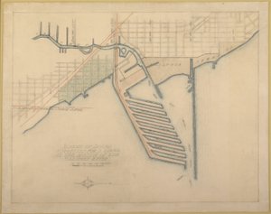 Tablica 72 z Planu Chicago, 1909: Chicago. Schemat szkicu doków sugerowanych w ustach...