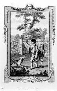 Wujek Rodericka Randoma zostaje zaatakowany przez psy, ilustracja z „Rodericka Random” Tobiasa Smolletta, grawerowana przez Jamesa Heatha, 1780 autorstwa Daniel Dodd