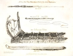 Kościany zaprzęg, psi bicz, włócznia i nóż arktycznych górali, ilustracja z „Podróży odkrywczej...”, 1819