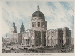 Południowo-wschodni widok katedry św. Pawła z figurami i karetami na zewnątrz, City of London, 1818