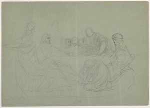 Rysunek: Maria umywająca nogi Chrystusowi, kilku mężczyzn siedzących przy stole; Verso: notatki, 1852 r. autorstwa Daniel Huntington