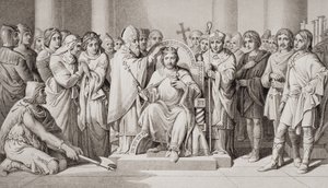 Koronacja Harolda II (ok.1022-66) króla anglosaskiego w 1066 r., z „Ilustracji historii angielskiej i szkockiej” tomu I autorstwa Daniel Maclise
