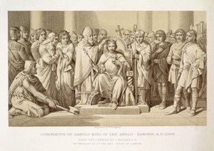 Koronacja Harolda, króla anglosaskiego, grawerowana przez W. Ridgewaya autorstwa Daniel Maclise