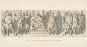 Harold i jego towarzysze, jako więźniowie, przyprowadzeni przed Guya z Ponthieu i jego normańskich rycerzy autorstwa Daniel Maclise