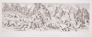 Harold, przed sztandarem Anglii, jest przeszyty spadającą strzałą, z „Historii podboju normańskiego”, rytowanej przez L. Grunera, 1866 autorstwa Daniel Maclise