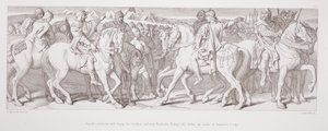 Rozmowa Harolda z Tostigiem, jego bratem, i z Hardradą, sprzymierzeńcem Tostiga, przed bitwą pod Stamford Bridge, z "Historii podboju normańskiego", rycina L. Grunera, 1866 r. autorstwa Daniel Maclise